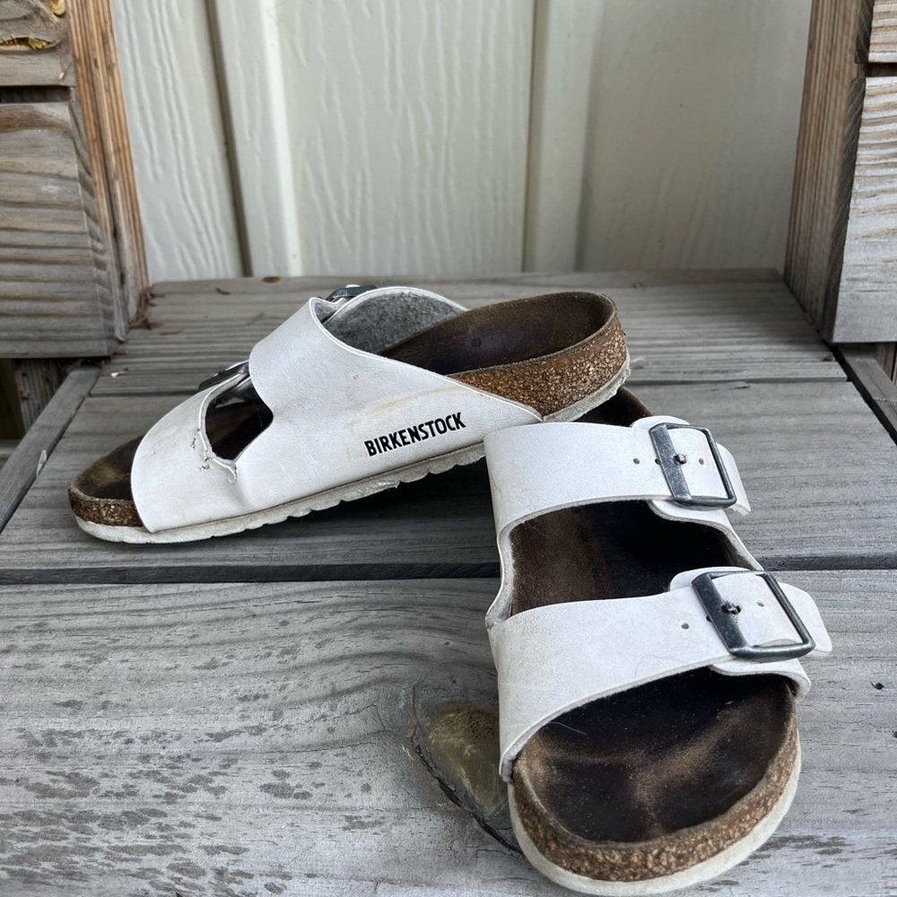 Birkenstock White Slide Sandals with Silver Buckles